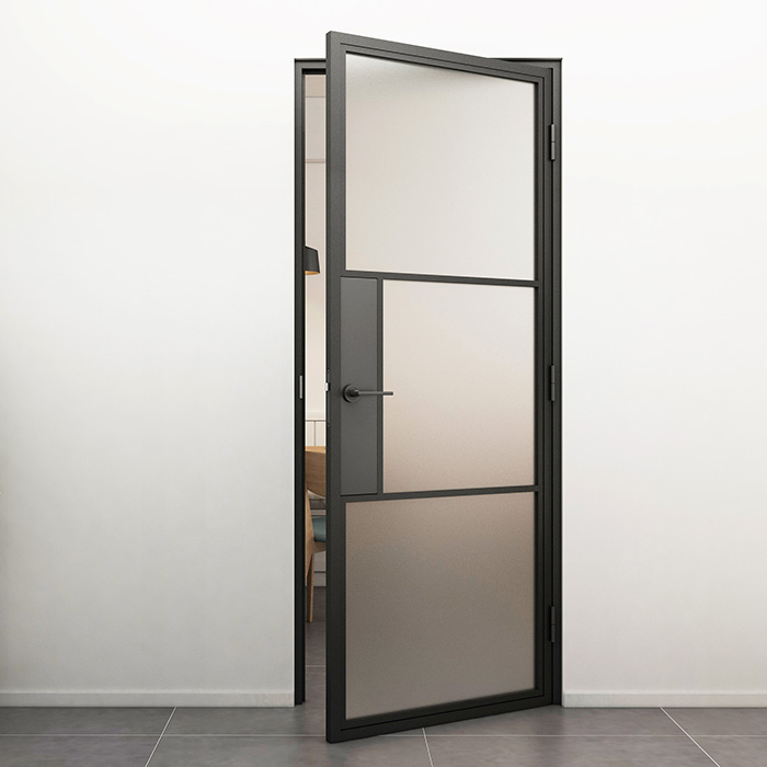 Flügeltür aus Stahl mit Türdrücker Smartline 3 Glasflächen DIN Rechts Mattes Glas 211,5x83