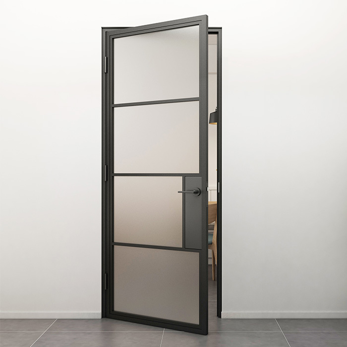 Flügeltür aus Stahl mit Türdrücker Smartline 4 Glasflächen DIN Links Mattes Glas 231,5x93