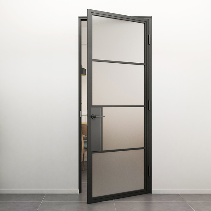 Flügeltür aus Stahl mit Türdrücker Smartline 4 Glasflächen DIN Rechts Mattes Glas 231,5x93