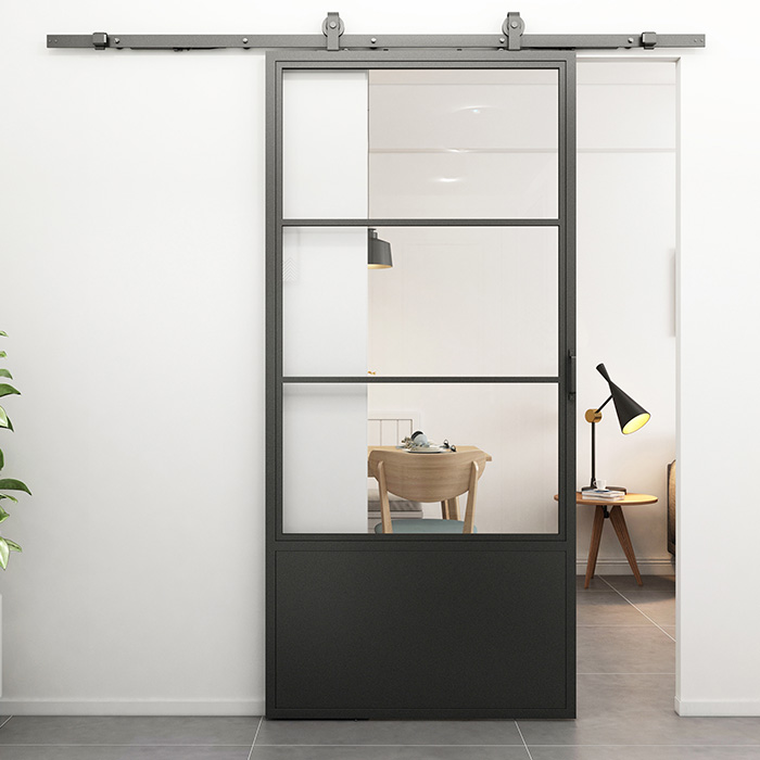 Stahl Schiebetür Smartline 3 Glasflächen + Kickplate Klarglas 210x100