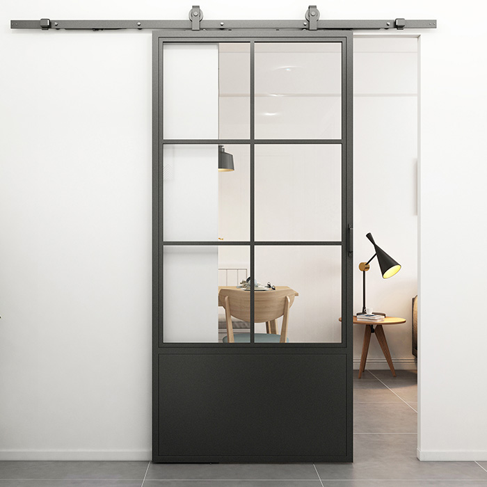 Stahl Schiebetür Smartline 6 Glasflächen + Kickplate Klarglas 210x100
