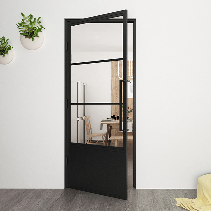 Nach Maß Flügeltür aus Stahl Smartline 3 Glasflächen + Kickplate DIN Links Klarglas