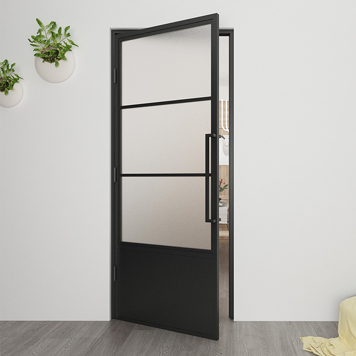 Nach Maß Flügeltür aus Stahl Smartline 3 Glasflächen + Kickplate DIN Links Mattes Glas