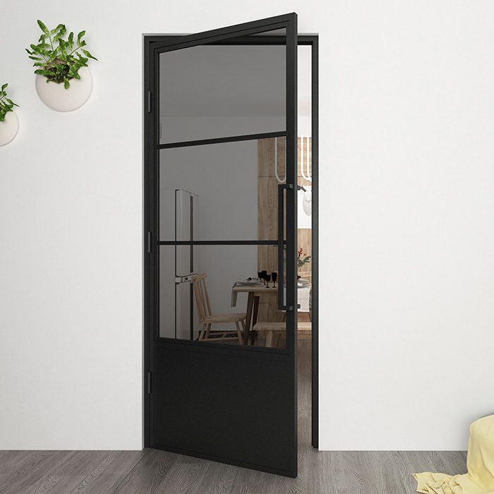 Nach Maß Flügeltür aus Stahl Smartline 3 Glasflächen + Kickplate DIN Links Rauchglas