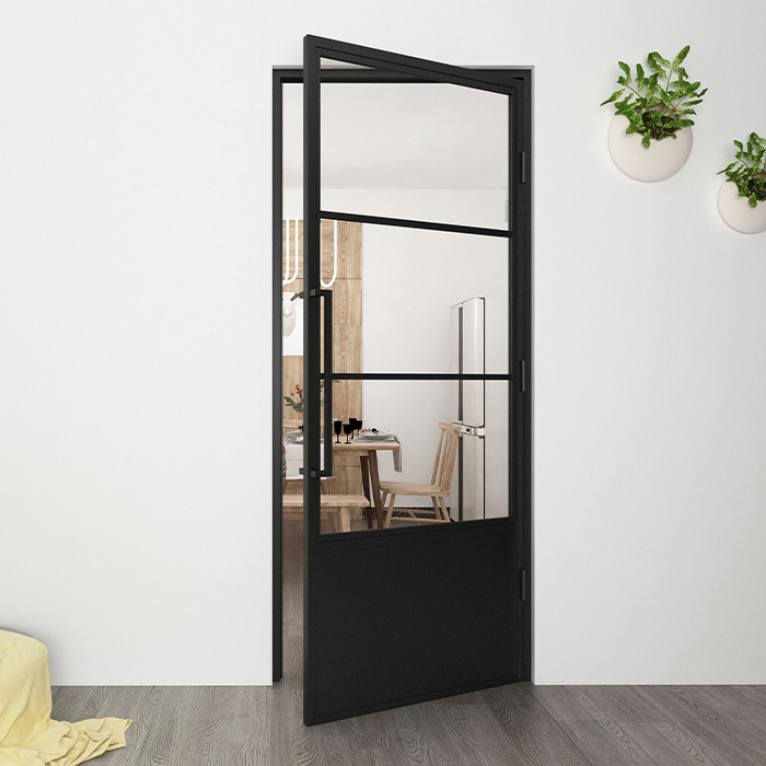 Nach Maß Flügeltür aus Stahl Smartline 3 Glasflächen + Kickplate DIN Rechts Klarglas