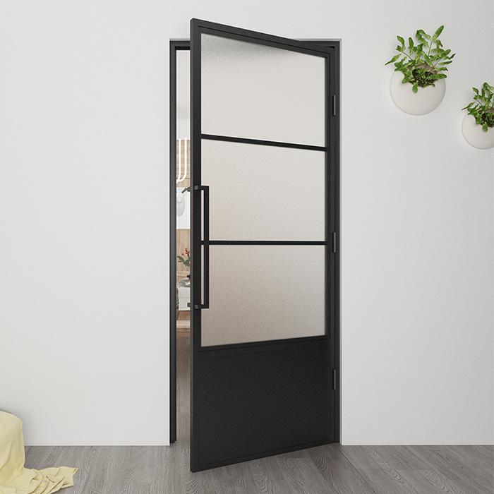 Nach Maß Flügeltür aus Stahl Smartline 3 Glasflächen + Kickplate DIN Rechts Mattes Glas