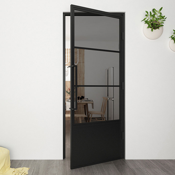 Nach Maß Flügeltür aus Stahl Smartline 3 Glasflächen + Kickplate DIN Rechts Rauchglas