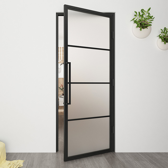 Nach Maß Flügeltür aus Stahl Smartline 4 Glasflächen DIN Rechts Mattes Glas