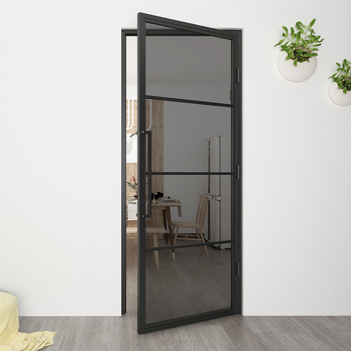 Nach Maß Flügeltür aus Stahl Smartline 4 Glasflächen DIN Rechts Rauchglas