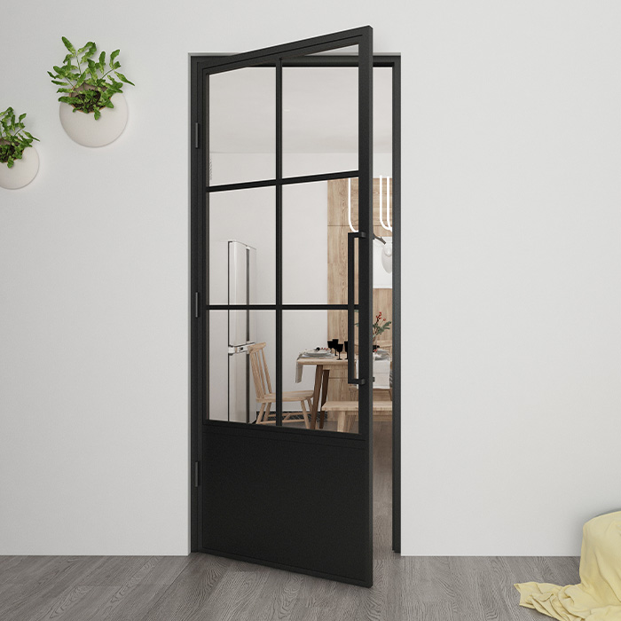 Nach Maß Flügeltür aus Stahl Smartline 6 Glasflächen + Kickplate DIN Links Klarglas