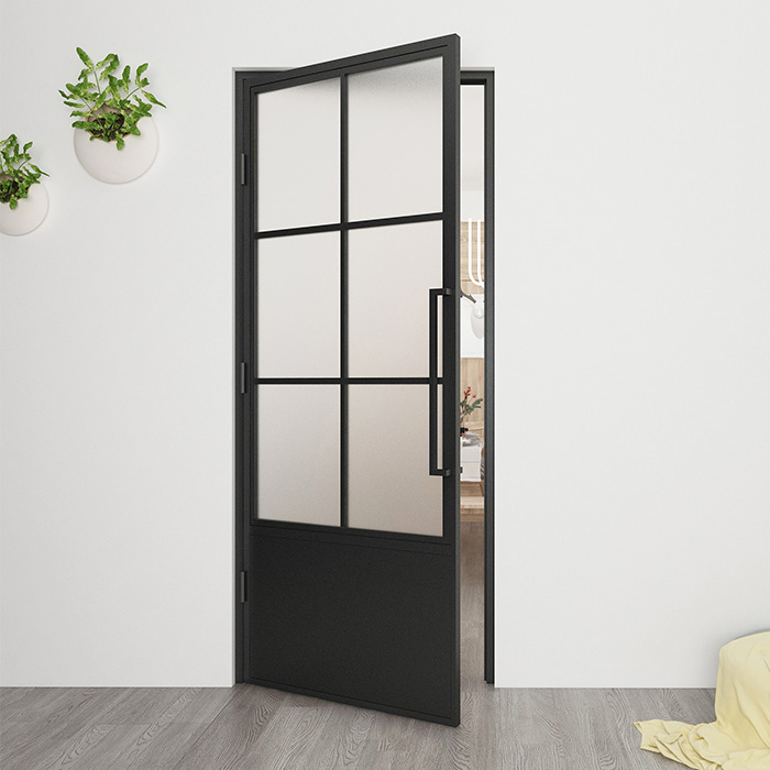 Nach Maß Flügeltür aus Stahl Smartline 6 Glasflächen + Kickplate DIN Links Mattes Glas