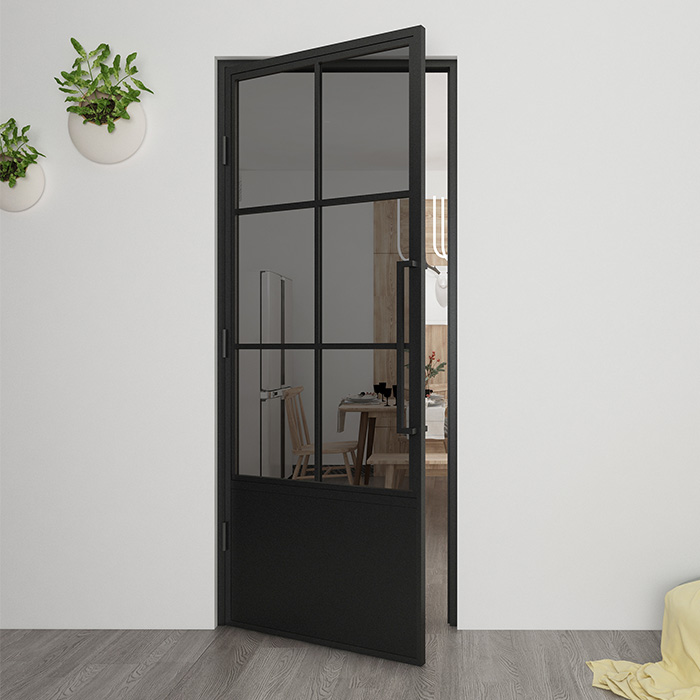 Nach Maß Flügeltür aus Stahl Smartline 6 Glasflächen + Kickplate DIN Links Rauchglas