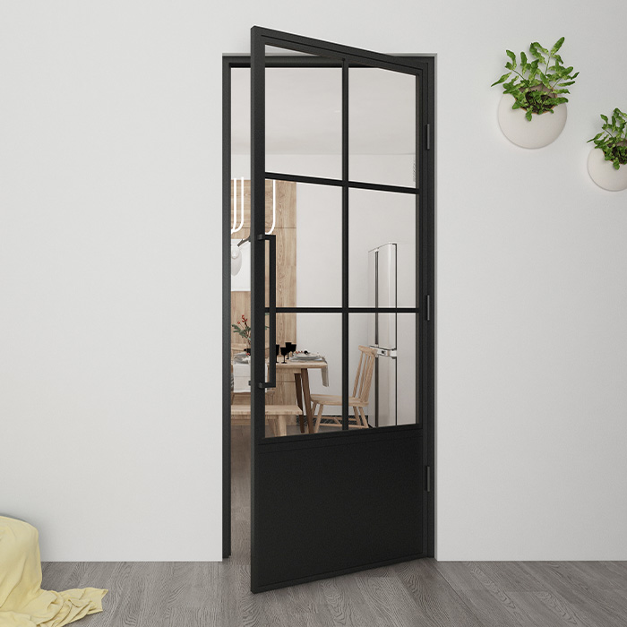 Nach Maß Flügeltür aus Stahl Smartline 6 Glasflächen + Kickplate DIN Rechts Klarglas