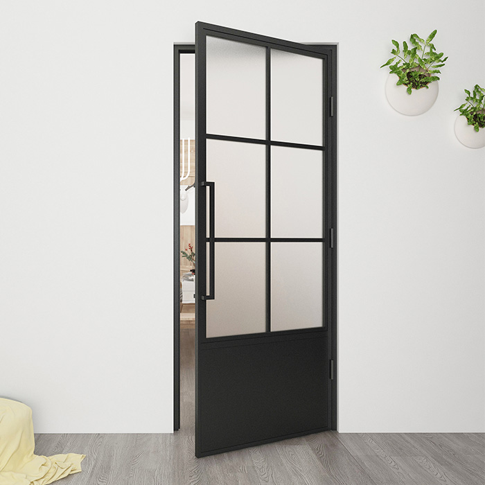 Nach Maß Flügeltür aus Stahl Smartline 6 Glasflächen + Kickplate DIN Rechts Mattes Glas