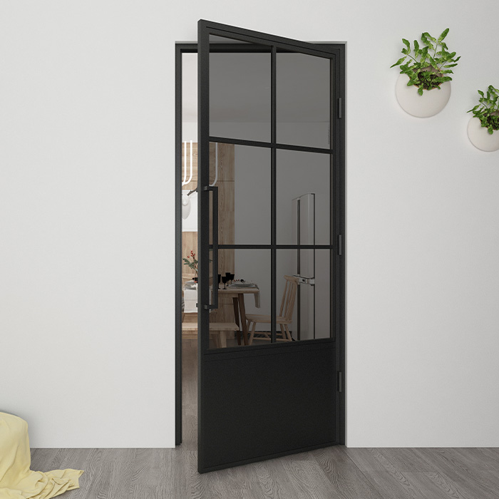 Nach Maß Flügeltür aus Stahl Smartline 6 Glasflächen + Kickplate DIN Rechts Rauchglas