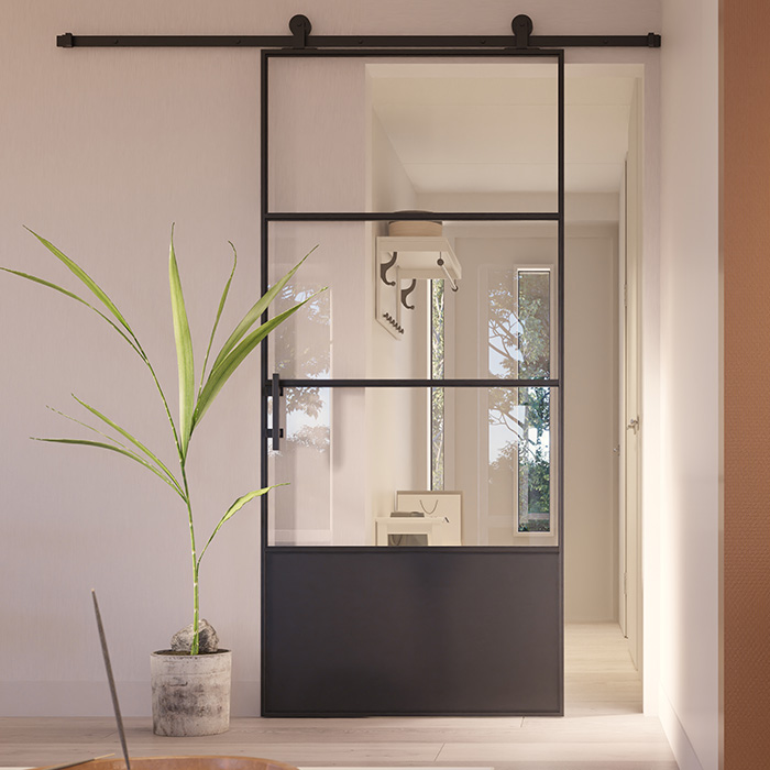 Stahl-Schiebetür Slimline 3 Glasflächen + Kickplate 210x100 Klarglas