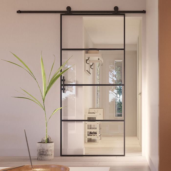 Stahl-Schiebetür Slimline 4 Glasflächen 210x100 Klarglas