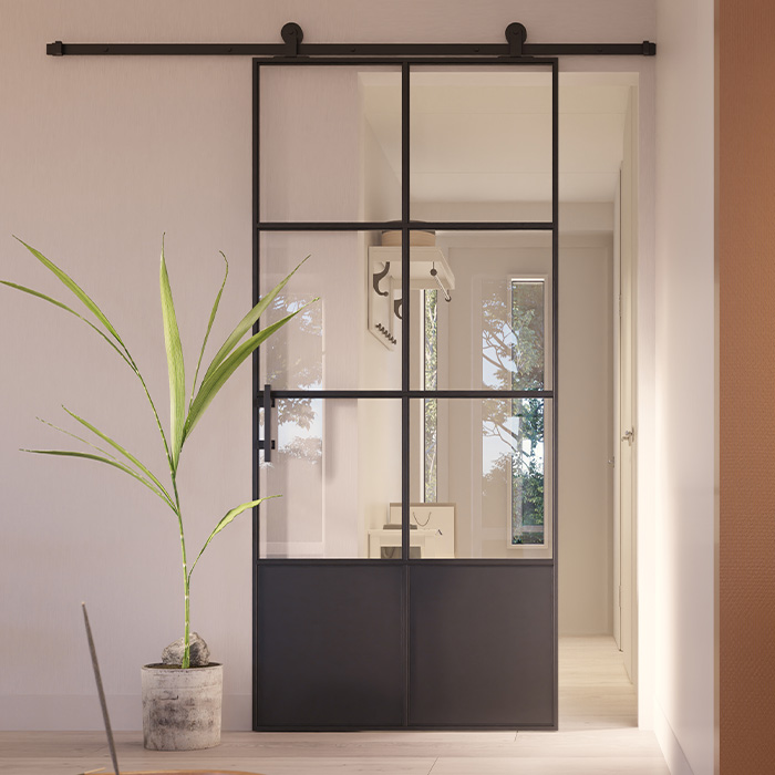 Stahl-Schiebetür Slimline 6 Glasflächen + Kickplate 210x100 Klarglas