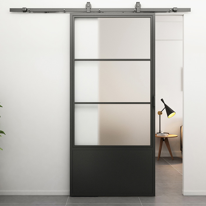 Nach Maß Stahl Schiebetür Smartline 3 Glasflächen + Kickplate Mattes Glas
