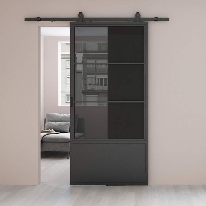 Nach Maß Stahl Schiebetür Smartline 3 Glasflächen + Kickplate Rauchglas