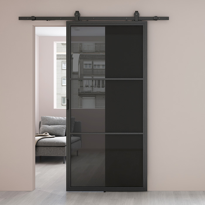 Nach Maß Stahl Schiebetür Smartline 3 Glasflächen Rauchglas