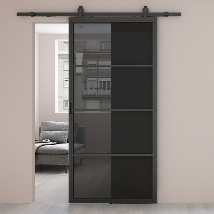 Nach Maß Stahl Schiebetür Smartline 4 Glasflächen Rauchglas