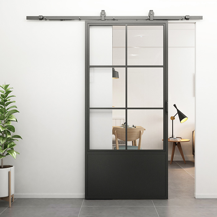 Nach Maß Stahl Schiebetür Smartline 6 Glasflächen + Kickplate Klarglas