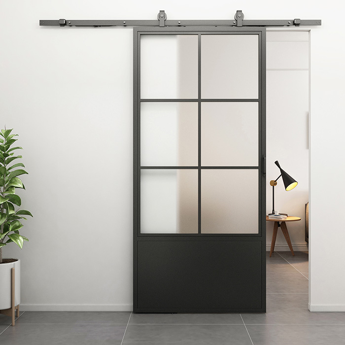 Nach Maß Stahl Schiebetür Smartline 6 Glasflächen + Kickplate Mattes Glas