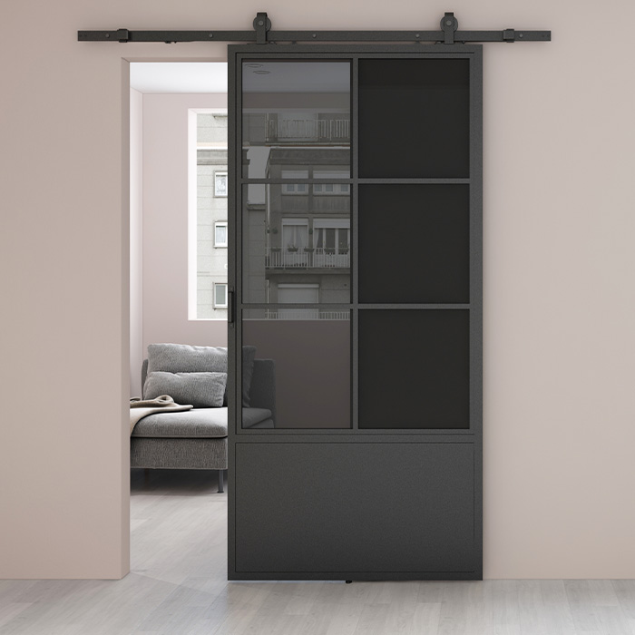 Nach Maß Stahl Schiebetür Smartline 6 Glasflächen + Kickplate Rauchglas