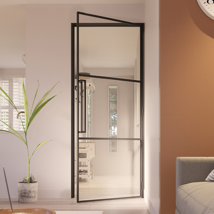 Flügeltür aus Stahl mit Magnetverschluss 3 Glasflächen Slimline DIN Rechts Klarglas 211,5x83