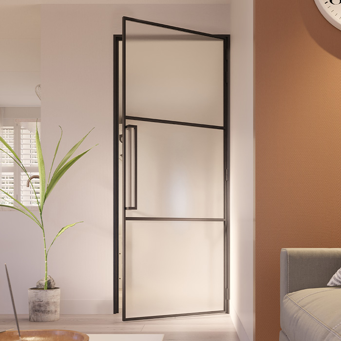 Flügeltür aus Stahl mit 3 Glasflächen Slimline DIN Rechts Mattes Glas 211,5x83