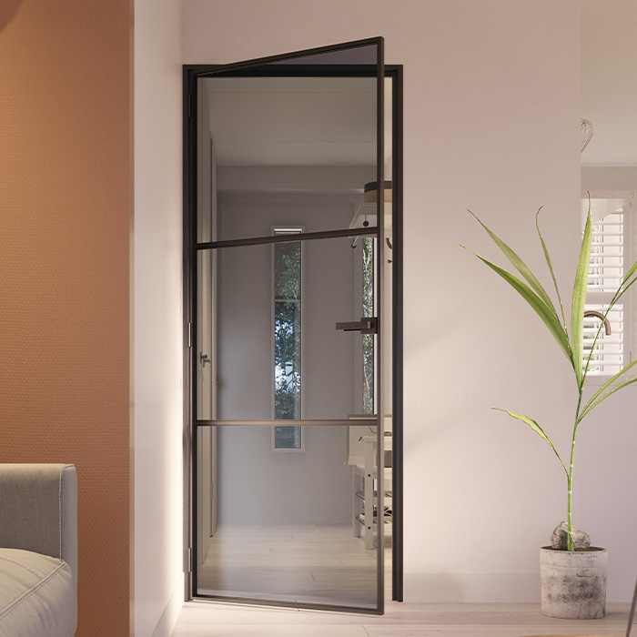 Flügeltür aus Stahl mit Türdrücker 3 Glasflächen Slimline DIN Links Rauchglas 211,5x83