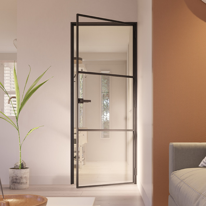 Flügeltür aus Stahl mit Türdrücker 3 Glasflächen Slimline DIN Rechts Klarglas 211,5x83