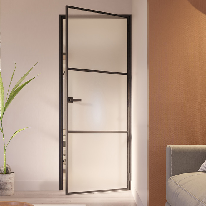 Flügeltür aus Stahl mit Türdrücker 3 Glasflächen Slimline DIN Rechts Mattes Glas 211,5x83