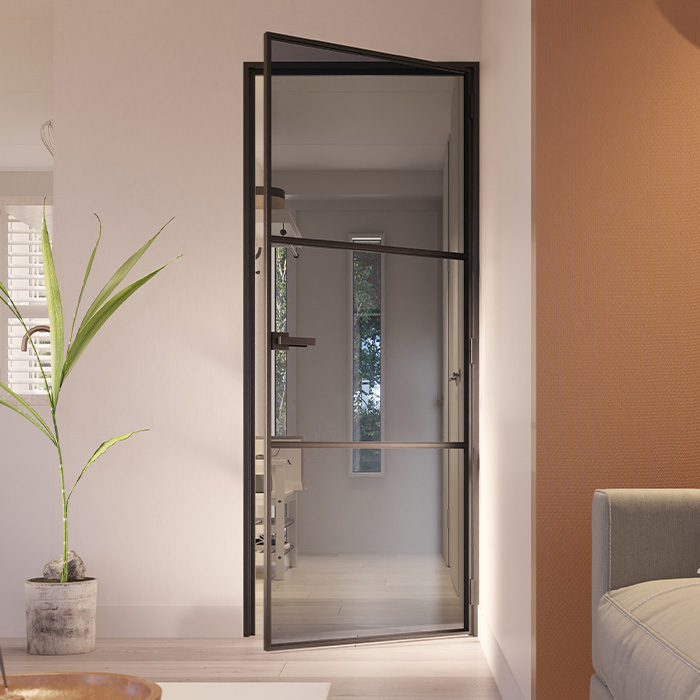 Flügeltür aus Stahl mit Türdrücker 3 Glasflächen Slimline DIN Rechts Rauchglas 211,5x83