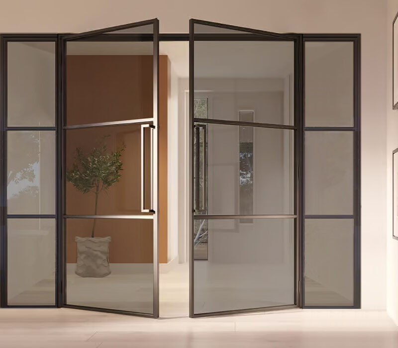 Nach Maß Stahl Doppelflügelige Scharniertür mit Seitenteil Slimline Rauchglas